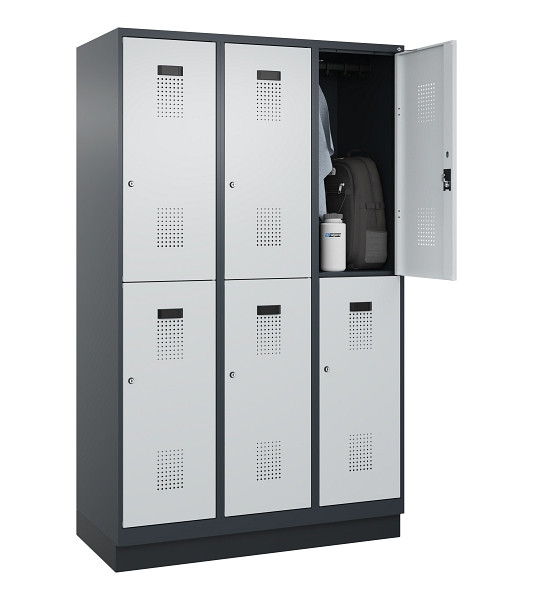 C+P Doppelstöckiger Spind Evolo PLUS, mit Sockel, 6 Fächer, 1950x1200x500mm, 701, Frontfarbe RAL 7035 Lichtgrau, Zylinderschloss, 049320-32 S10044