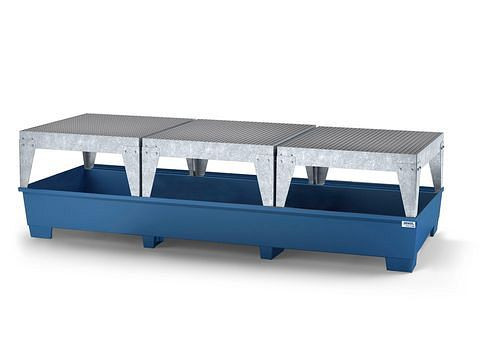 DENIOS Auffangwanne classic-line für 3 IBC, blau lackiert, 3 Abfüllböcke, 273879