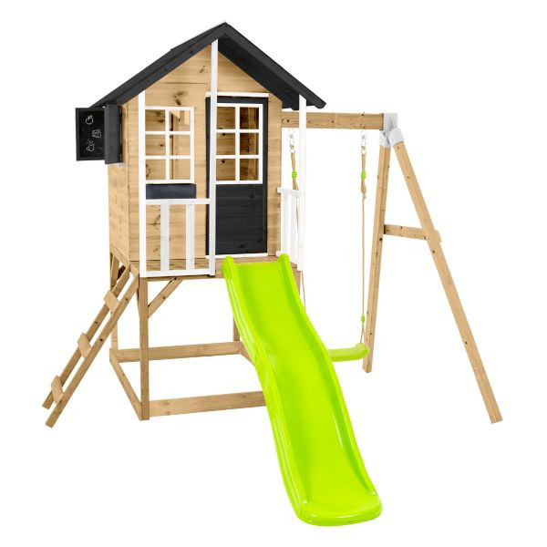 Zwerkules Spielhaus Holli inkl. Rutsche und Schaukel Natur/Weiß/Grau 352x280x224cm, ZW3732