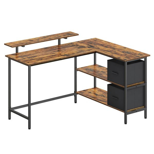 VASAGLE L-förmiger Schreibtisch mit 2 geräumigen Schubladen, Gaming-Schreibtisch mit Monitorständer, Eckschreibtisch, rustikale braune, LWD098B01