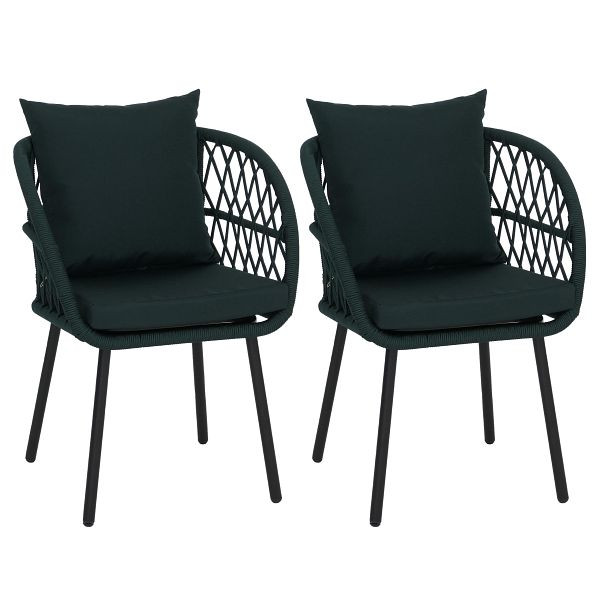 Mendler 2er-Set Gartenstuhl HWC-Q38, Gartensessel Armlehne, Aluminium Seilgeflecht Rope, Gestell schwarz, Polster grün, 121393