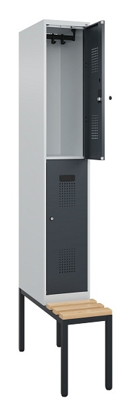 C+P Doppelstock-Spind Evolo PLUS, Bank, 2 Fächer, 2120x300x815mm, 7035/7016, Zylinderschloss, Sitzfläche Buche-Hartholz, Sitzbank, 0493507-10 S10039
