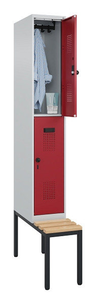 C+P Doppelstock-Spind Evolo PLUS, Bank, 2 Fächer, 2120x300x815mm, 7035/3003, Drehriegel, Sitzfläche Buche-Hartholz, Sitzbank, 0493507-10 S10004