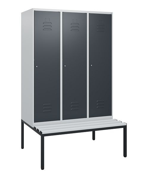 C+P Umkleidespind Classic PLUS, mit untergebauter Sitzbank, 3 Abteile, 1950x1200x815mm, 7035/7016, Zylinderschlösser, 0800505-32 S10053