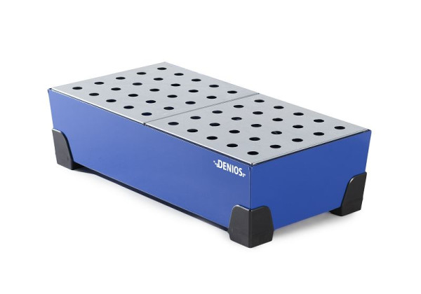 DENIOS Kleingebindewanne aus Stahl, 40 Liter Auffangvolumen, 774 x 392 x 200 mm, mit Lochblech, 328386