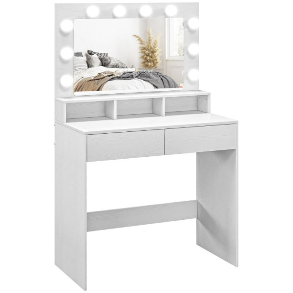 HOMCOM Frisiertisch mit beleuchtetem Spiegel, Schubladen, 3 Lichtoptionen, 10 Glühbirnen, 831-823V90WT