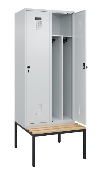C+P Spind Evolo PLUS, 2 Abteile, 2120x800x815mm, 7035/7035, Haken 4, Drehriegel, Sitzfläche Buche-Hartholz, Sitzbank, Trennwand, 0490507-22F S10013
