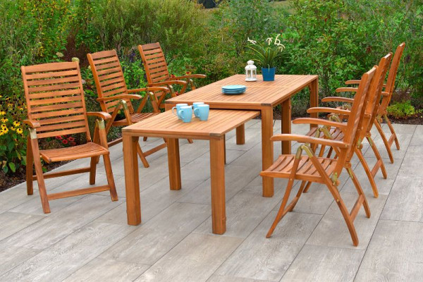 Merxx Paraiba Set 7-teilig, 6 Paraiba Klappsessel, Rückenlehne 5-fach verstellbar, 1 Flex Ausziehtisch 185/370 x 90/73 cm, FSC Akazinholz, 50555-011
