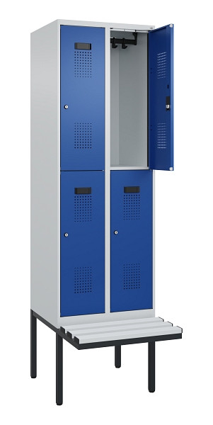 C+P Doppelstock-Spind Evolo PLUS, Bank, 4 Fächer, 2120x600x815mm, 7035/5010, Zylinderschloss, Sitzfläche Kunststoff, 0493407-20 S10114