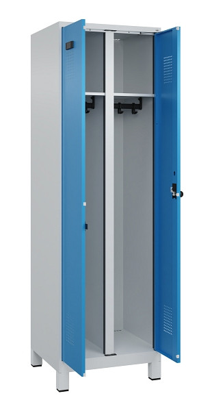 C+P Schwarz-Weiß-Spind Evolo PLUS, mit Füßen, 2 Abteile, 1950x600x500mm, 7035/5, Frontfarbe RAL 5012 Lichtblau, Drehriegel, 049012-20 S10007