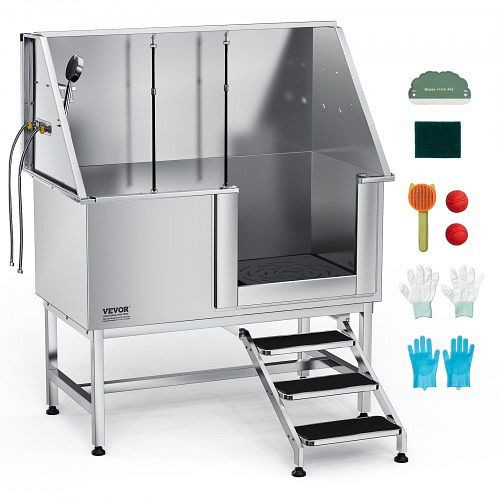 VEVOR Hundewaschstation Edelstahl, 1270x700x1545mm Tierpflegewanne mit Treppe, Filterplatte, Wasserhahn, Duschkopf & Seifenhalter, BXGCWYG50CSL5T18XV0
