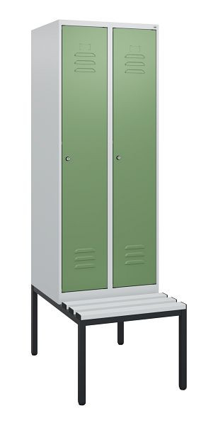 C+P Umkleidespind Classic PLUS, mit untergebauter Sitzbank, 2 Abteile, 1950x600x815mm, 7035/6011, Zylinderschlösser, 0800505-20 S10051
