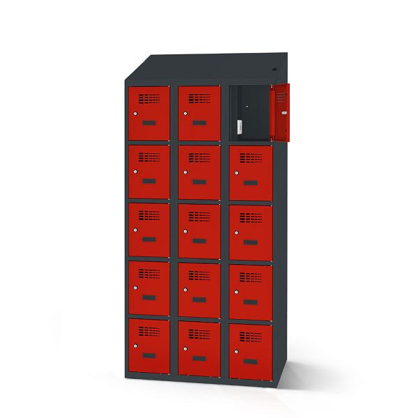 Rotstahl Fächerschrank, 15 Fächer, Stollenfüße, mit Ladefunktion, Schrägdach, Korpus: anthrazitgrau, Türen: verkehrsrot, 2180-030500-0902112-7016-3020