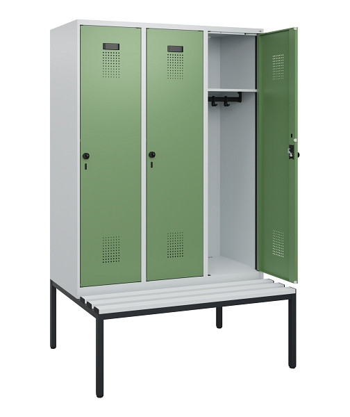 C+P Spind Evolo PLUS, 3 Abteile, 1950x1200x815mm, 7035/6011, Drehriegel, Sitzfläche Kunststoff, Sitzbank, 0490505-32 S10064