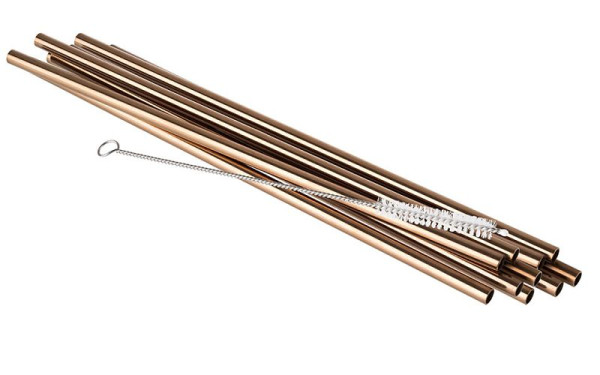 APS Trinkhalme 11er Set, Ø 6 mm, Länge: 21,5 cm, 18/8 Edelstahl, Kupfer-Look, Inhalt: 10 Trinkhalme, 1 Reinigungsbürste, 93380