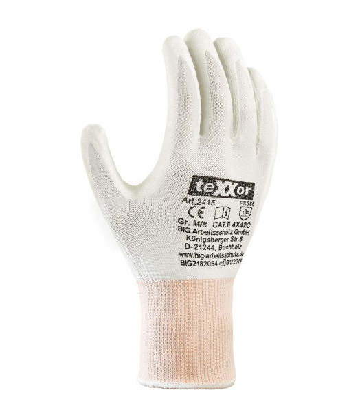 teXXor Schnittschutz-Strickhandschuhe PU-BESCHICHTUNG, Polyethylen/Nylon/Elasthan-Mischgewebe, weiß/weiß, Größe: 7, VE: 240 Paar, 2415-7