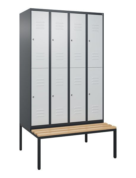C+P Doppelstöckiger Spind Classic PLUS, 4 Abteile, 2120x1200x815mm, 7016/7035, Zylinderschlösser, Buche-Sitzleisten, Sitzbank, 0803507-40 S10103