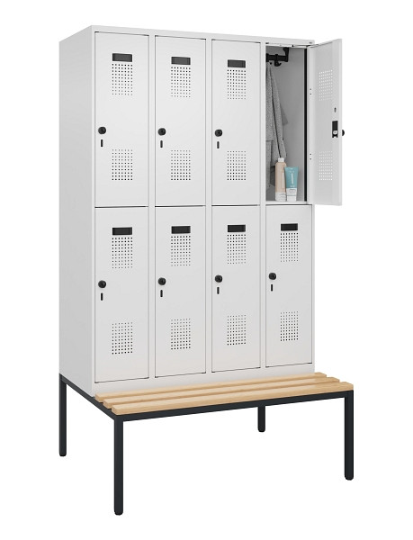 C+P Doppelstock-Spind Evolo PLUS, Bank, 8 Fächer, 2120x1200x815mm, 9016/9016, Drehriegel, Sitzfläche Buche-Hartholz, Sitzbank, 0493507-40 S10020