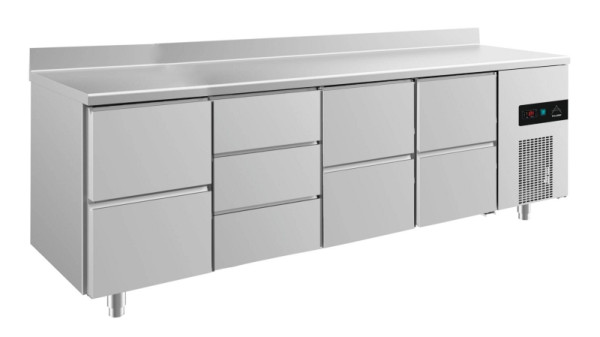 A&S Polarny Kühltisch -2 bis +8°C mit 3x zwei Schubladen und 1x drei Schubladen mittig-links, 2330 x 700 x 850 mm, mit Aufkantung, KT4ZDZZA