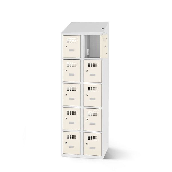 Rotstahl Fächerschrank, 10 Fächer, Stollenfüße, mit Ladefunktion, Schrägdach, Korpus: lichtgrau, Türen: reinweiß, 2180-020500-0802112-7035-9010