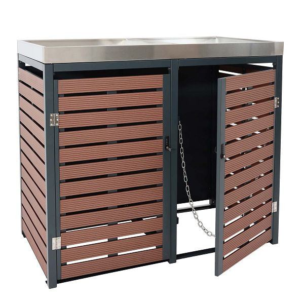 Mendler 2er Mülltonnenverkleidung HWC-K14, Mülltonnenbox mit Pflanzkasten, 112x63x78cm WPC Edelstahl 79kg, Walnuss-Holzoptik, 87623+87622