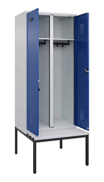 C+P Schwarz-Weiß-Spind Evolo PLUS, Bank, 2 Abteile, 2120x800x815mm, 7035/5010, Zylinderschloss, Sitzfläche Kunststoff, Sitzbank, 0490527-22 S10087
