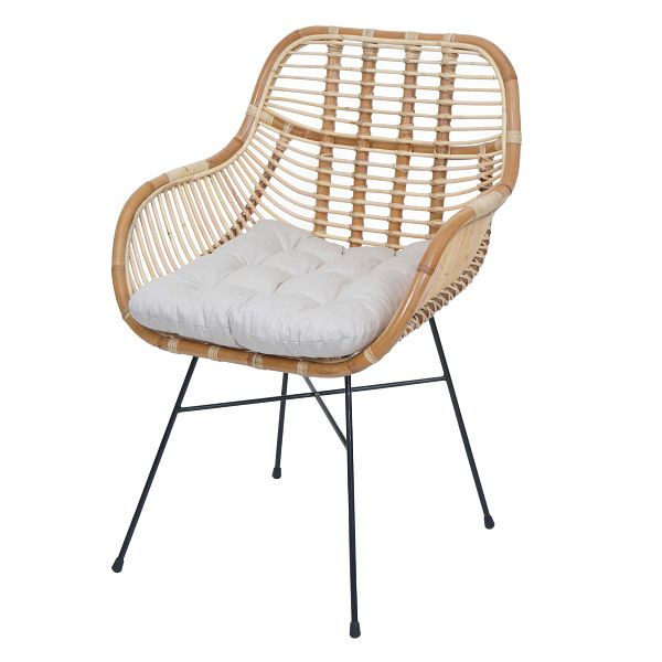 Mendler Esszimmerstuhl HWC-P17, Küchenstuhl Korbstuhl Rattansessel Rattanstuhl Stuhl, Kubu Rattan Metall, Polster creme, 134342