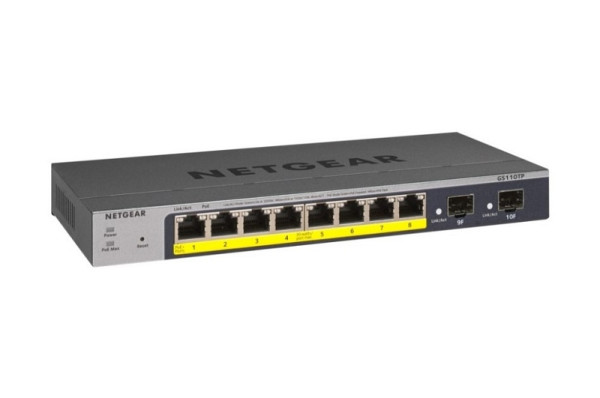 Netgear Gigabit Switch, L2, 10 Ports smart managed, PoE, 55W, 2x Gigabit Fiber, GS110TP-300EUS