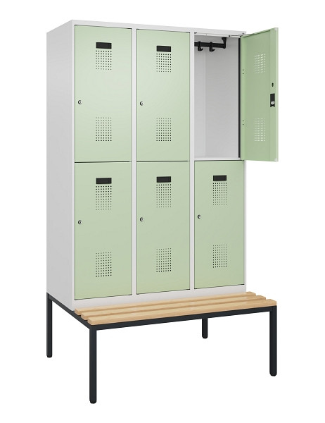 C+P Doppelstock-Spind Evolo PLUS, Bank, 6 Fächer, 2120x1200x815mm, 9016/6019, Zylinderschloss, Sitzfläche Buche-Hartholz, Sitzbank, 0493507-32 S10046
