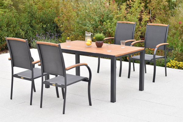 Merxx Siena Set 5-teilig, 4 Siena Stapelsessel mit Applikationen aus Akazienholz, 1 Tisch 150 x 90 cm, Tischplatte aus Akazienholz, graphit/grau, 51009-309
