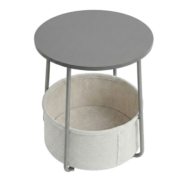 VASAGLE Kleiner runder Couchtisch, Beistelltisch mit Stoffkorb, Nachttisch, moderner Stil, Zementgrau und Wolkenweiß, LET223G49
