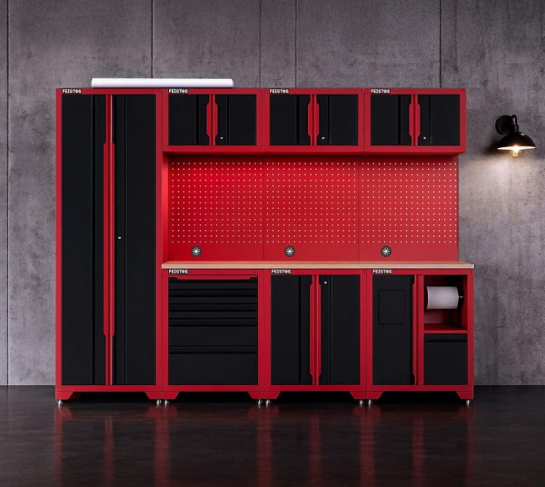 FEISTOS Werkstatteinrichtung Novo 7, Metall Werkstattschrank schwarz & rot, 45,7x264x198cm, FE1021