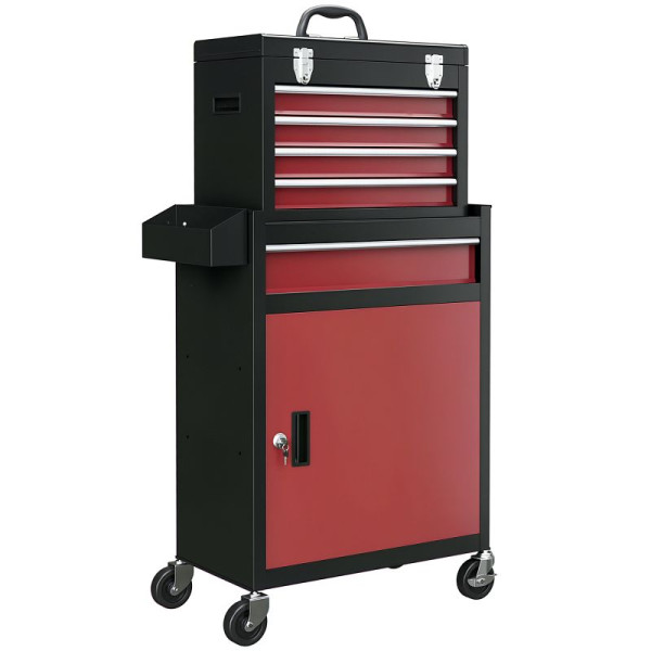 HOMCOM Rollbarer Werkzeugschrank, Stabiler Schrank mit oberer Werkzeugkiste und Schubladen, abschließbar, Metall, Schwarz+Rot, B20-105V00MX