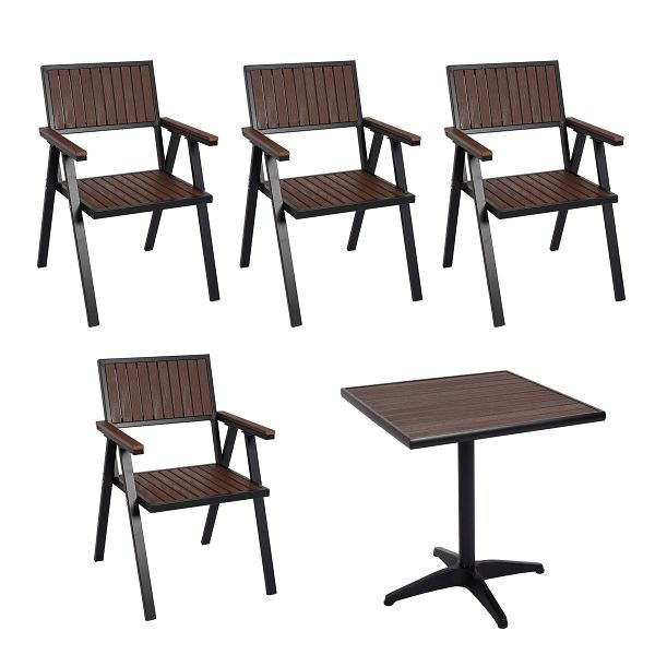 Mendler 4er-Set Gartenstuhl+Gartentisch HWC-J95, Stuhl Tisch, Gastro Outdoor-Beschichtung, Alu Polywood, schwarz, dunkelbraun, 2x84857+84861