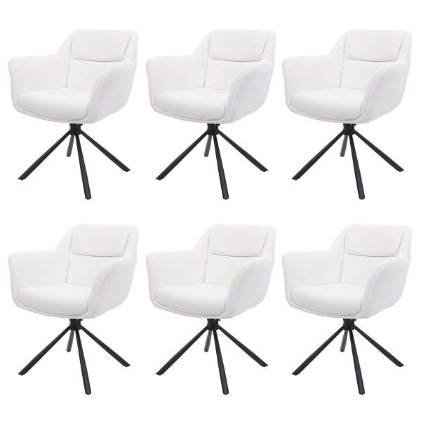 Mendler 6er-Set Esszimmerstuhl HWC-K33, Küchenstuhl Stuhl, drehbar Auto-Position, Stoff MVG, bouclé-weiß, 3x89663