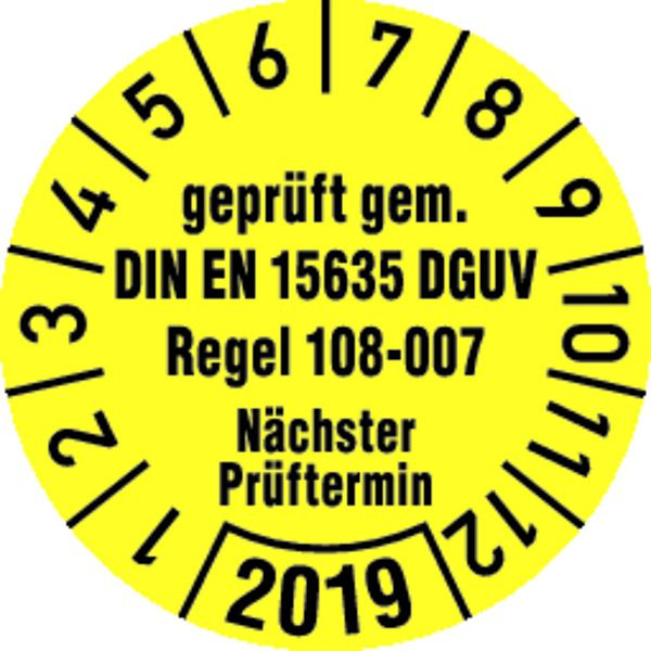 Schilder Klar Prüfplakette geprüft gemäß DIN EN 15635 DGUV Regel 108-007 Nächster Prüftermin gelb/schwarz ab 23, 30 mm Folie, VE: 40 Stück, 8/69.23