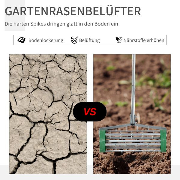 Outsunny Rasenlüfter einstellbar rollender Rasenlüfter verzinktes Rohr Grün+Silber 135 x 42,5 x 15 cm, 845-022