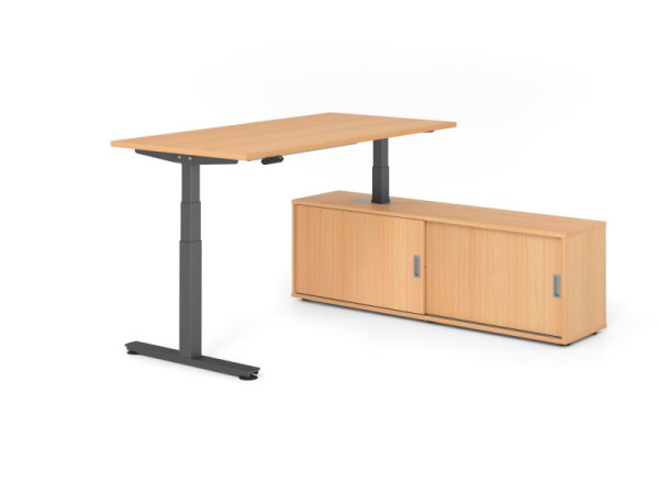 Hammerbacher Schreibtisch XDSM16, 160x80cm, Platte: Buche, T-Fuß Gestell Graphit, Höhe: 63 - 127 cm, Buche / Buche, VXDSM16SB/6/G/6/6