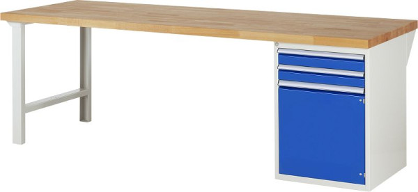 RAU Werkbank Serie 7000 - Modell 7503-1, B2500 x T900 x H890 mm, Systemunterbau B2500 x T850 x H850 mm, mit 2 Schubladen und 1 Tür, 03-7503A1-259B4M.11