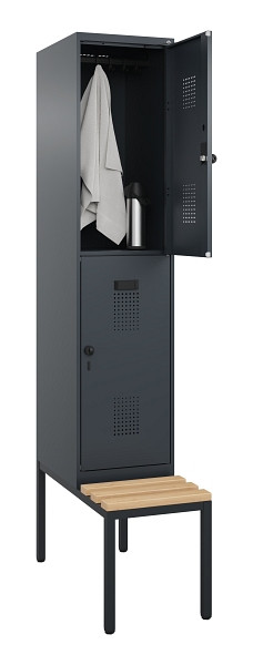 C+P Doppelstock-Spind Evolo PLUS, Bank, 2 Fächer, 2120x400x815mm, 7016/7016, Drehriegel, Sitzfläche Buche-Hartholz, Sitzbank, 0493507-12 S10016