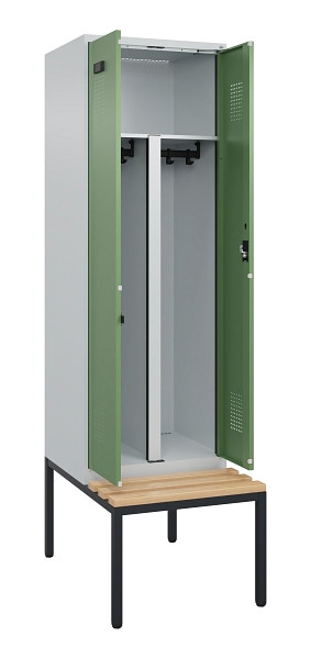 C+P PSA Doppel-Spind Evolo PLUS, Bank, 2 Abteile, 2120x600x815mm, 7035/6011, Zylinderschloss, Sitzfläche Buche-Hartholz, Sitzbank, 0490527-20P S10037