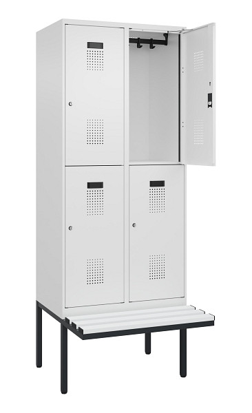 C+P Doppelstock-Spind Evolo PLUS, Bank, 4 Fächer, 2120x800x815mm, 9016/9016, Zylinderschloss, Sitzfläche Kunststoff, 0493407-22 S10134