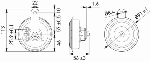 HELLA Horn, HELLA ESSENTIAL HORN S92 SET, 12V, 113dB(A), Frequenzbereich: 335/435Hz, Hochton/Tiefton, Gehäusefarbe: schwarz, VE: 2, 3AM 011 225-871