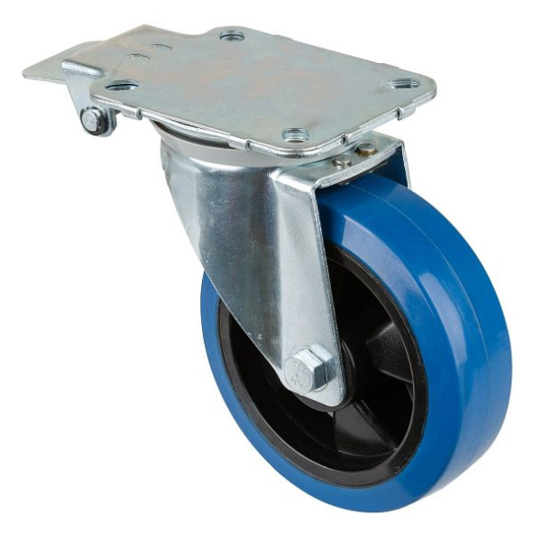 BS Rollen Lenkrolle mit Zentralfeststeller, Elastikreifen blau, Kunststofffelge, Kugellager, Platte, Durchmesser: 160 mm, L440.B62.160