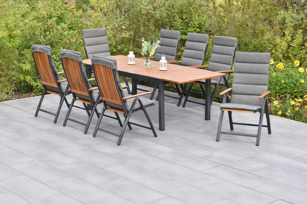 Merxx Athos Set 17-teilig, 8 Klappsessel, 8 Kissen, grau, 1 Ausziehtisch 180 (250) x 100 cm, Aluminium mit FSC Akazienholz, 50836-800