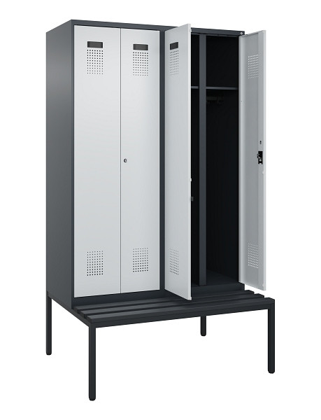 C+P Schwarz-Weiß-Spind Evolo PLUS, Bank, 4 Abteile, 2120x1200x815mm, 7016/7035, Zylinderschloss, Sitzfläche Kunststoff, Sitzbank, 0490527-40 S10098