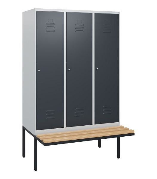 C+P Umkleidespind Classic PLUS, 3 Abteile, 1950x1200x815mm, 7035/7016, Zylinderschlösser, Buche-Sitzleisten, 0800405-32 S10023