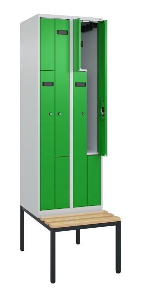 C+P Z-Spind Evolo PLUS, Bank, 4 Fächer, 2120x600x815mm, 7035/6037, Zylinderschloss, Sitzfläche Buche-Hartholz, Sitzbank, 0490537-204 S10035