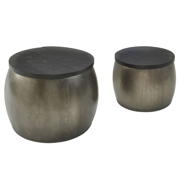 Wohnling Design Couchtisch 2er Set Mango Massivholz Rund Silber, abnehmbarer Deckel, WL6.337