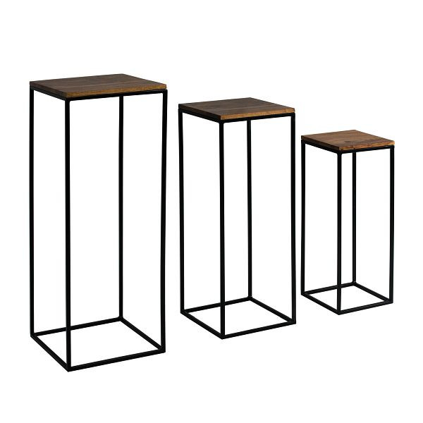 Wohnling Beistelltisch 3er Set Sheesham Massivholz/Metall Satztisch Quadratisch, Säulentisch Pflanzentisch 3-teilig, Blumenständer, WL6.728